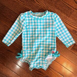 RuffleButts Blue Gingham Rash Guard Swimsuit Set 12-18M Long Sleeve